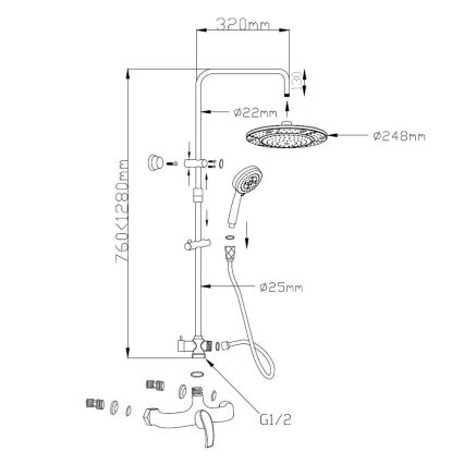 Aqualine - dušas komplekts ar jaucējkrānu KASIOPEA, spīdīgs hroms