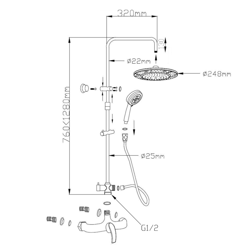Aqualine - dušas komplekts ar jaucējkrānu KASIOPEA, spīdīgs hroms