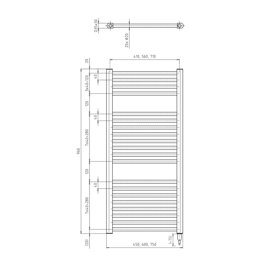 Aqualine - Vannas istabas elektriskais radiators DIRECT-E 300W/230V 96 cm matēts melna taisns