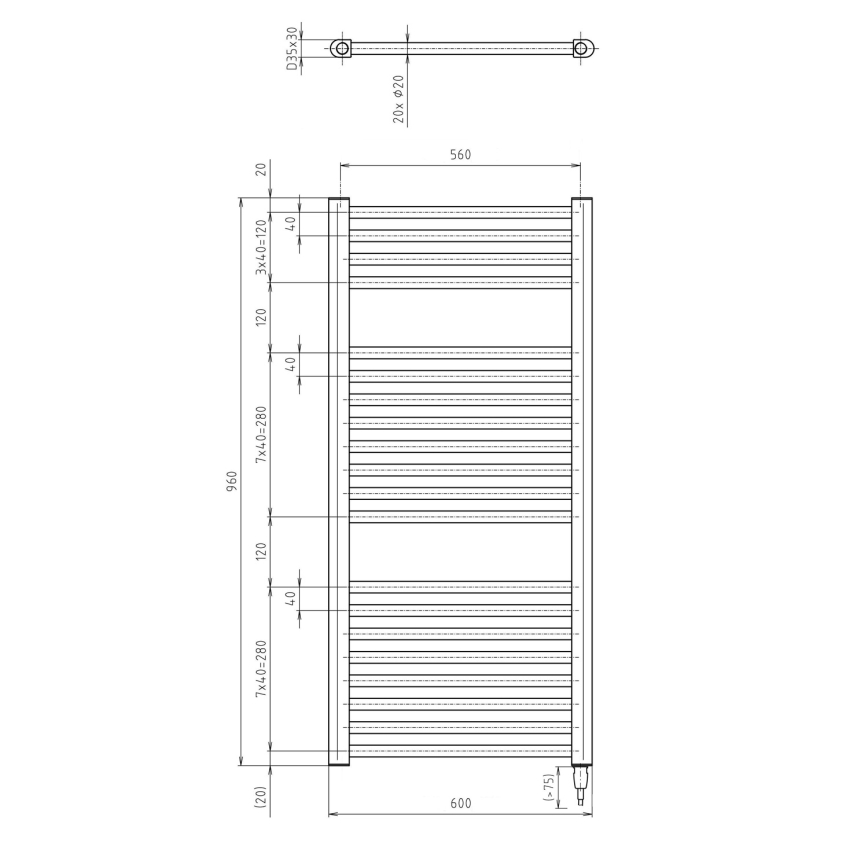 Aqualine - Vannas istabas elektriskais radiators DIRECT-E 400W/230V 96 cm matēts melna taisns