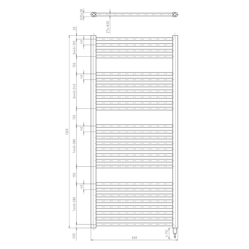 Aqualine - Vannas istabas elektriskais radiators DIRECT-E 600W/230V 132 cm matēts melna taisns