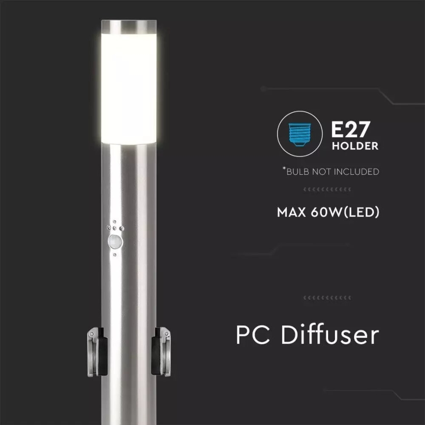Āra lampa ar sensoru + 2 kontaktligzdas SCHUKO 1xE27/60W/230V IP44 60cm matēts hroms