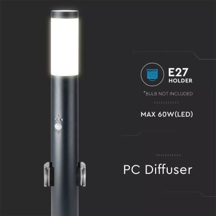 Āra lampa ar sensoru un 2 kontaktligzdas SCHUKO 1xE27/60W/230V IP44 60cm antracīta
