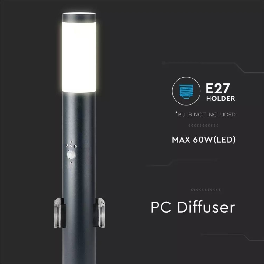 Āra lampa ar sensoru un 2 kontaktligzdas SCHUKO 1xE27/60W/230V IP44 60cm antracīta