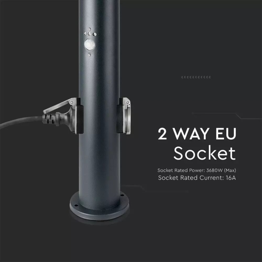 Āra lampa ar sensoru un 2 kontaktligzdas SCHUKO 1xE27/60W/230V IP44 60cm antracīta