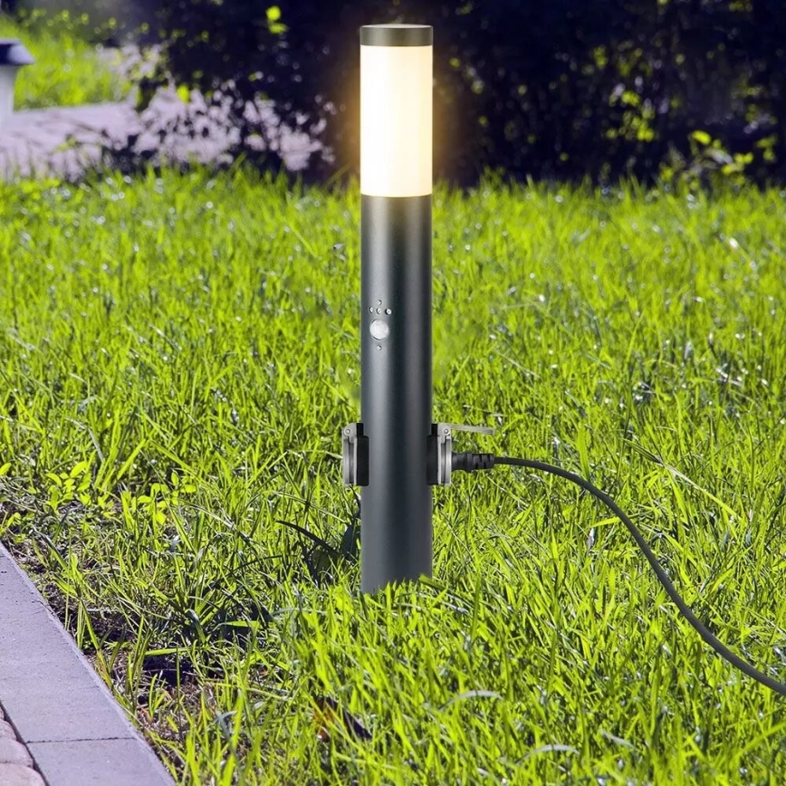 Āra lampa ar sensoru un 2 kontaktligzdas SCHUKO 1xE27/60W/230V IP44 60cm antracīta