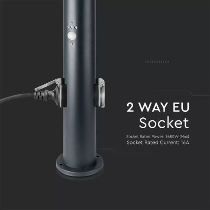Āra lampa ar sensoru un 2 kontaktligzdas SCHUKO 1xE27/60W/230V IP44 60cm melna