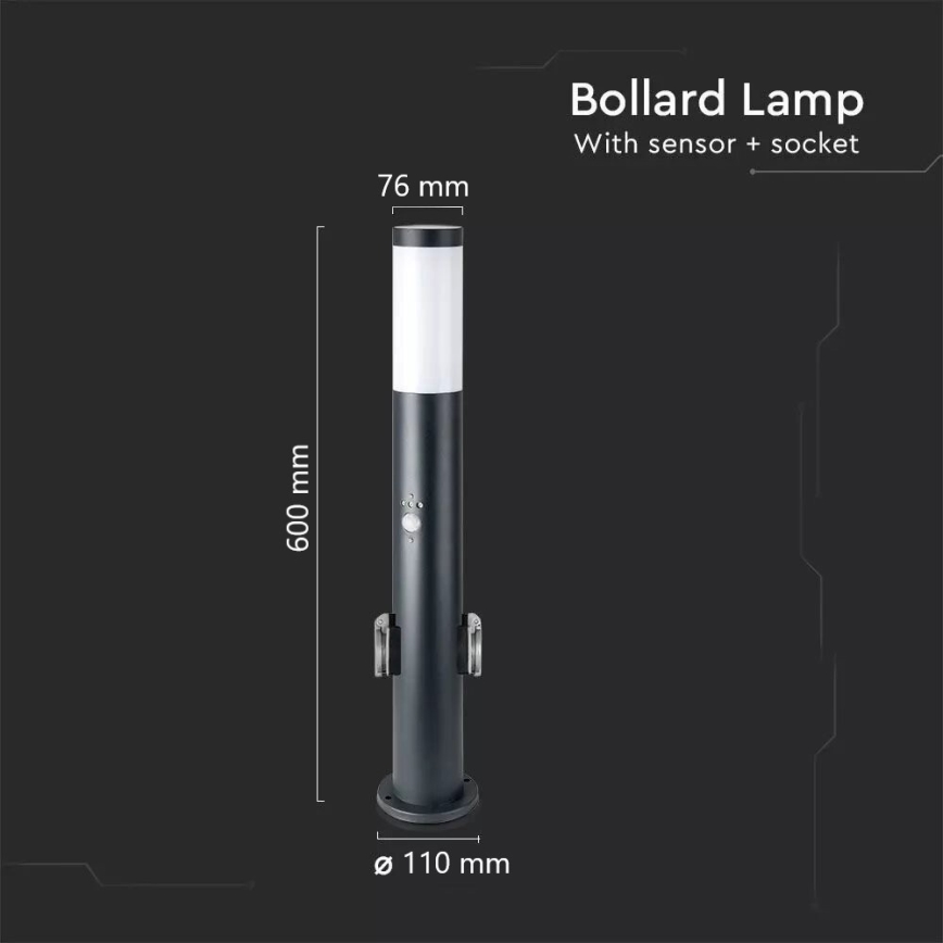 Āra lampa ar sensoru un 2 kontaktligzdas SCHUKO 1xE27/60W/230V IP44 60cm melna