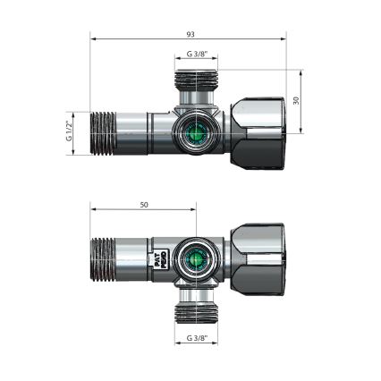 Arco A-80 kombinēts stūra vārsts ar diviem izvadiem, spīdīgs hroms