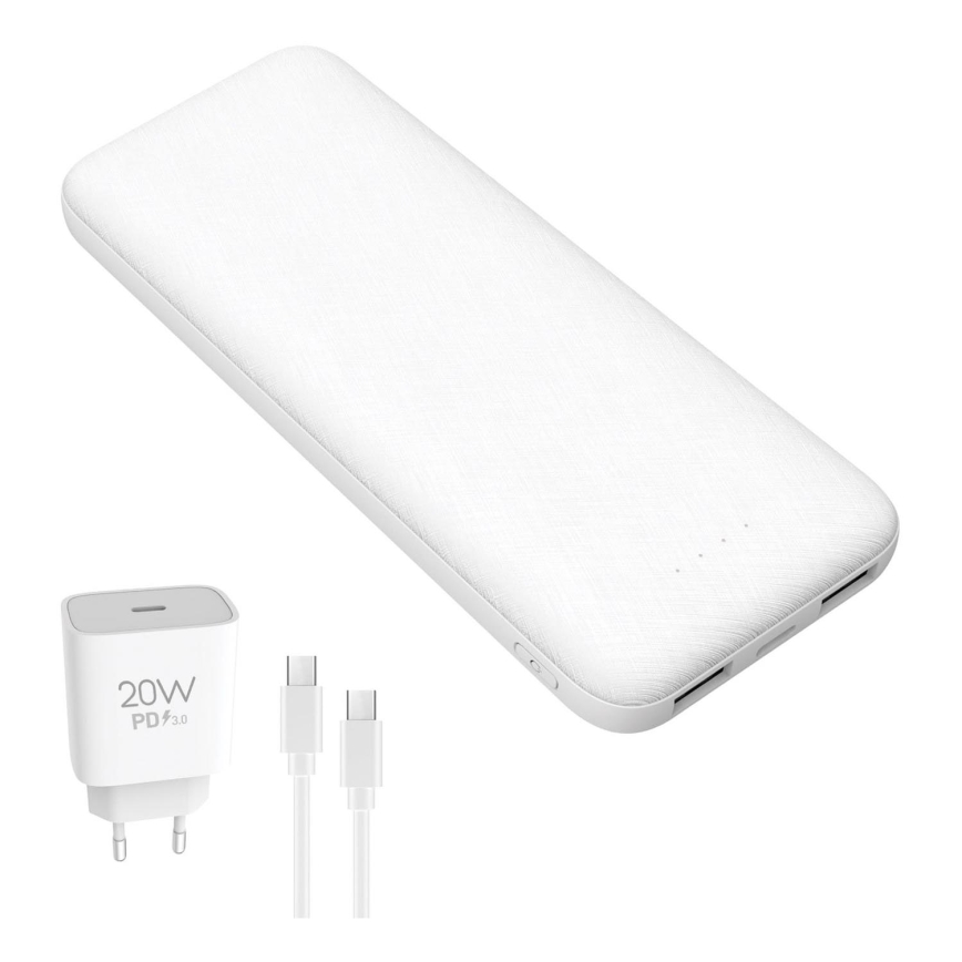 Ārējais akumulators 10000 mAh + adapteris 20W Power Delivery + USB-C/USB-C vads 1m balta