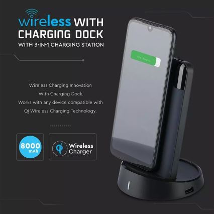 Ārējais Akumulators 8000mAh/3,7V  ar bezvadu uzlādi un dokstaciju zils