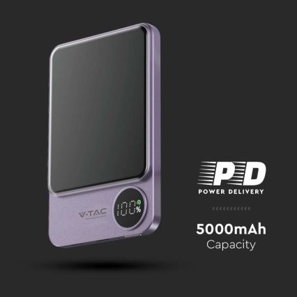 Ārējais akumulators ar ekrānu un bezvadu uzlādi Power Delivery 5000mAh/20W/5V, violeta