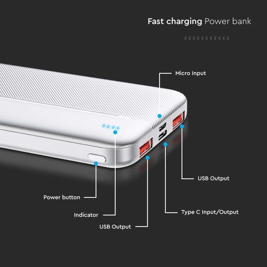 Ārējais akumulators Power Delivery 10000mAh/22,5W/5V, sudraba
