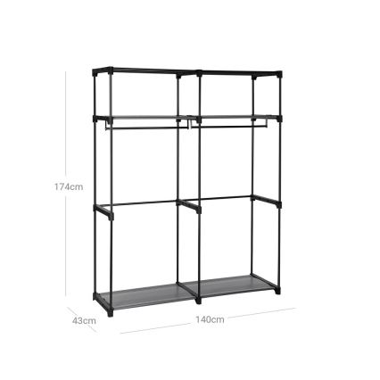 Auduma uzglabāšanas skapis ar plauktiem un drēbju stieni MATIS 140x174 cm melns