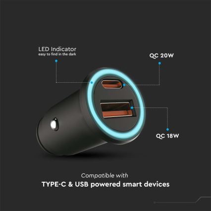 Automašīnas lādētājs Power Delivery 20W 12-24V/3A USB/C melns