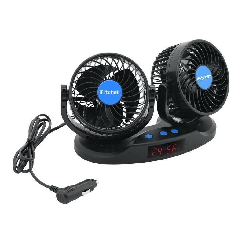 Automašīnas paneļa ventilators ar termometru 9W/12V melna