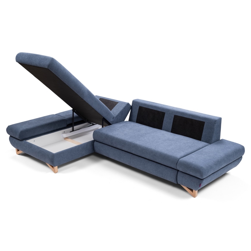 Izvelkams kreisais L-formas stūra dīvāns AVESTA ar glabāšanas nodalījumu, zils