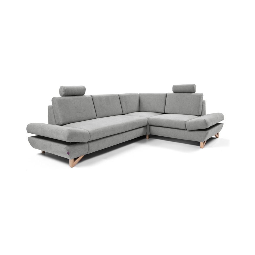 Izvelkams polsterēts L-formas stūra dīvāns AVESTA ar ietilpīgu uzglabāšanas nodalījumu, ar labo stūri, pelēks