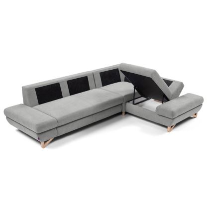 Izvelkams polsterēts L-formas stūra dīvāns AVESTA ar ietilpīgu uzglabāšanas nodalījumu, ar labo stūri, pelēks