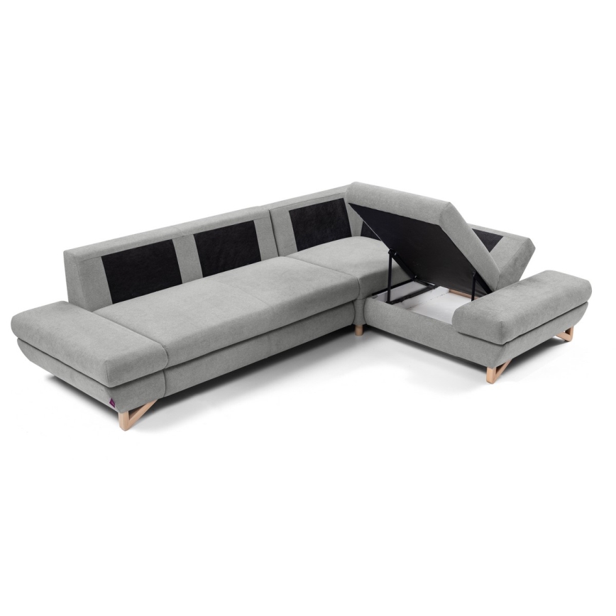 Izvelkams polsterēts L-formas stūra dīvāns AVESTA ar ietilpīgu uzglabāšanas nodalījumu, ar labo stūri, pelēks