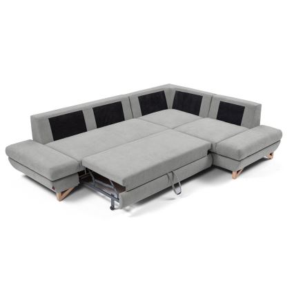 Izvelkams polsterēts L-formas stūra dīvāns AVESTA ar ietilpīgu uzglabāšanas nodalījumu, ar labo stūri, pelēks