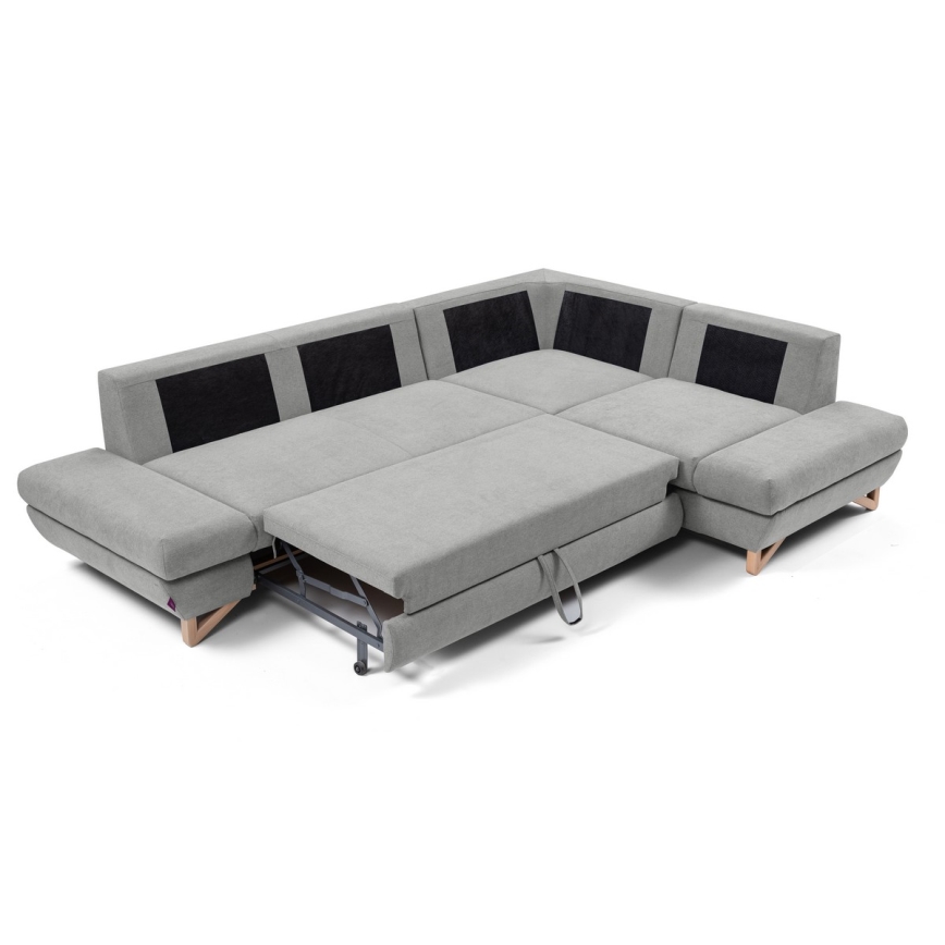 Izvelkams polsterēts L-formas stūra dīvāns AVESTA ar ietilpīgu uzglabāšanas nodalījumu, ar labo stūri, pelēks