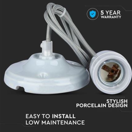 Barošanas vads 1xE27/60W/230V pelēka/porcelāns