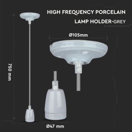 Barošanas vads 1xE27/60W/230V pelēka/porcelāns