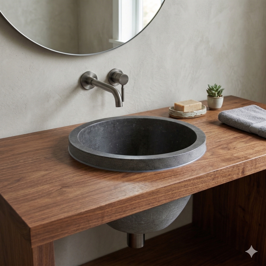 Bathco 00374 - Iebūvējama virsmas izlietne MIRAGE, Ø 40 cm, akmens/pelēks