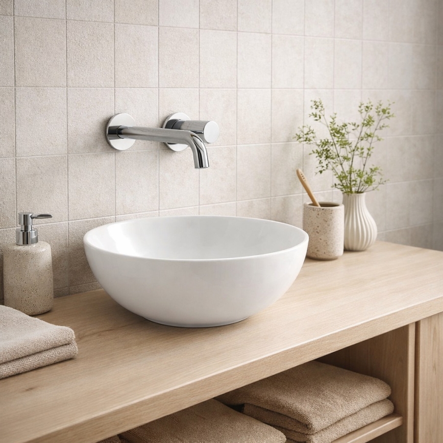 Bathco 4914 - Virsmas uzstādāma izlietne DAKAR Ø 30 cm, porcelāns/balta