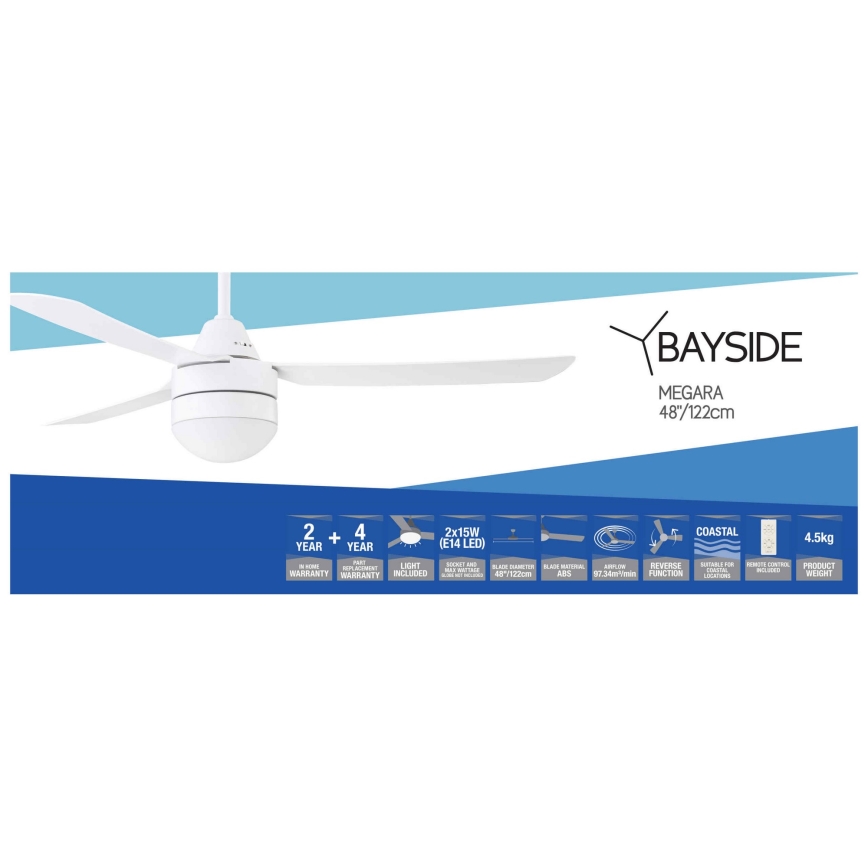BAYSIDE 531016 - Griestu ventilators MEGARA 2xE14/15W/230V balta + tālvadības pults