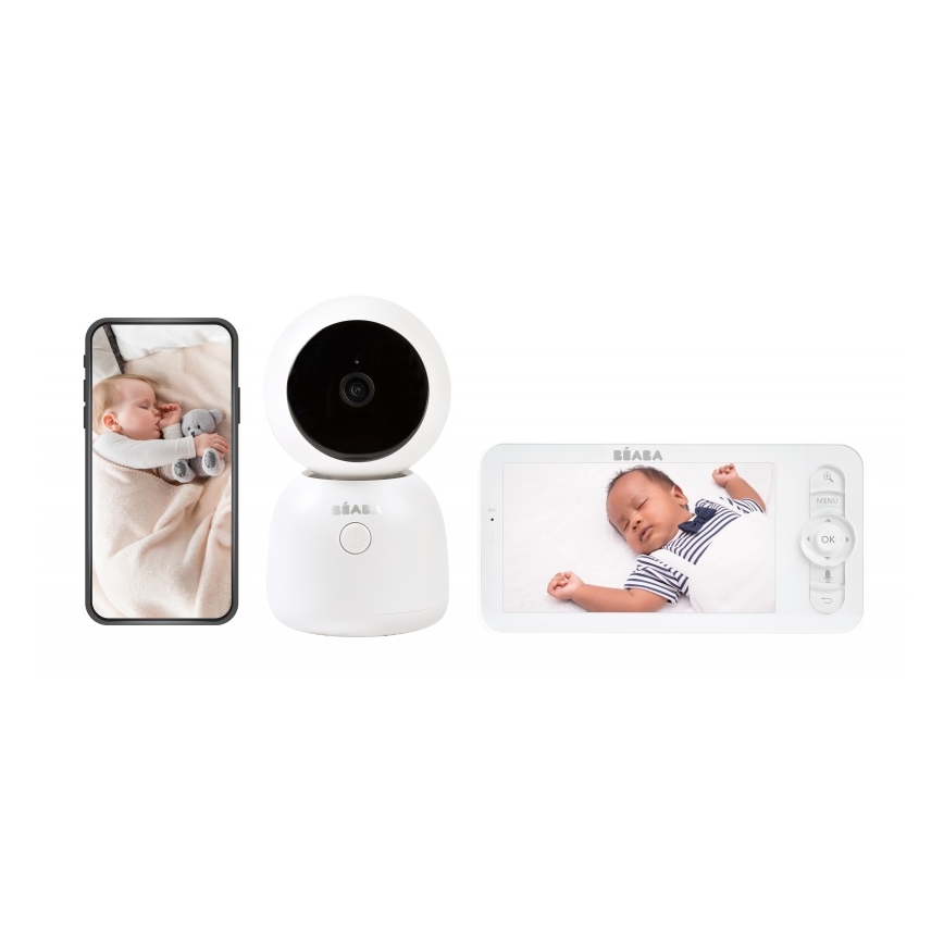 Beaba - Viedā uzlādējamā bērnu uzrauga ar ZEN NIGHT 720p monitoru, 5V, 4000 mAh, Wi-Fi, balta