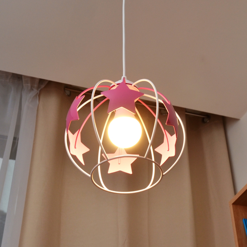 Bērnu lustra ar auklu STARS 1xE27/15W/230V rozā/balta
