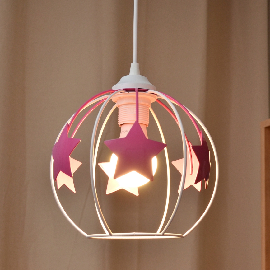 Bērnu lustra ar auklu STARS 1xE27/15W/230V rozā/balta