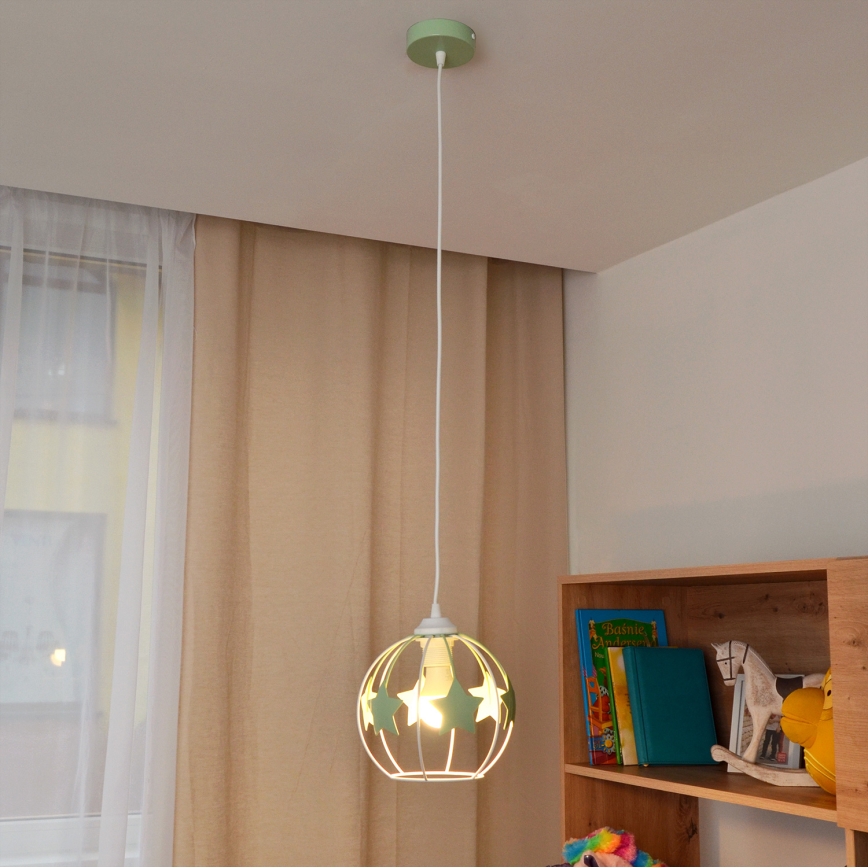 Bērnu lustra ar auklu STARS 1xE27/15W/230V zaļa/balta