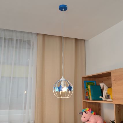 Bērnu lustra ar auklu STARS 1xE27/15W/230V zila/balta