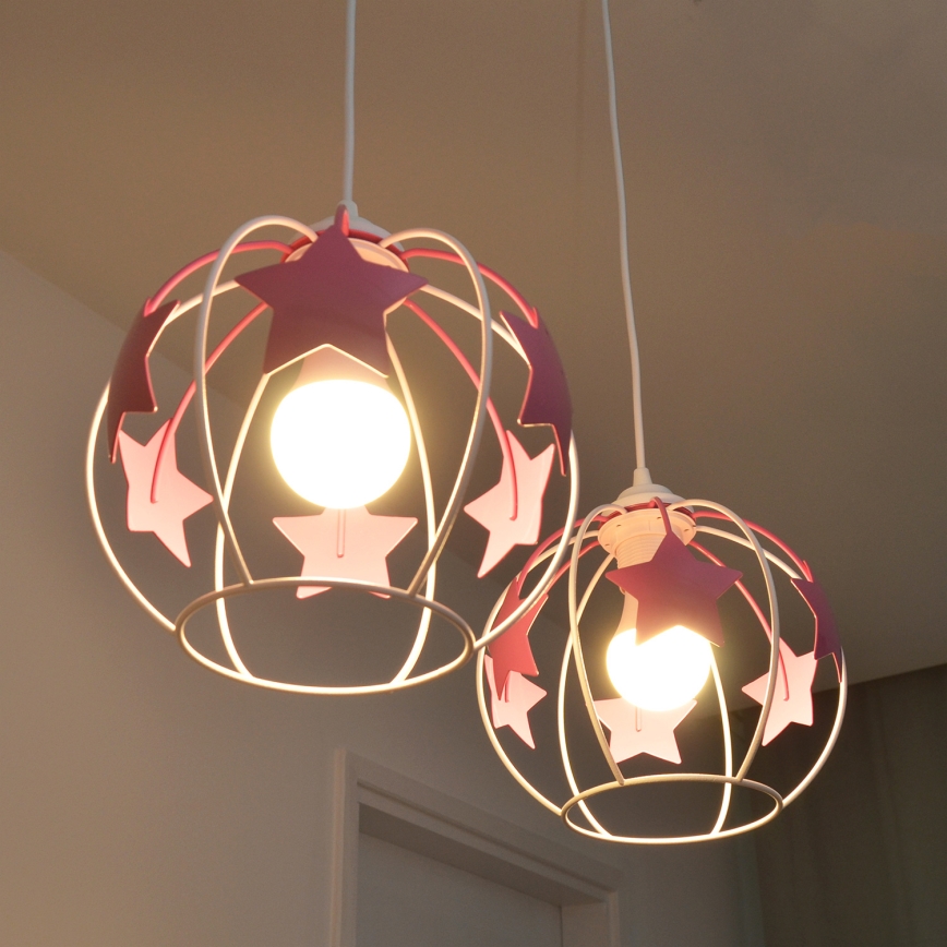 Bērnu lustra ar auklu STARS 2xE27/15W/230V rozā/balta