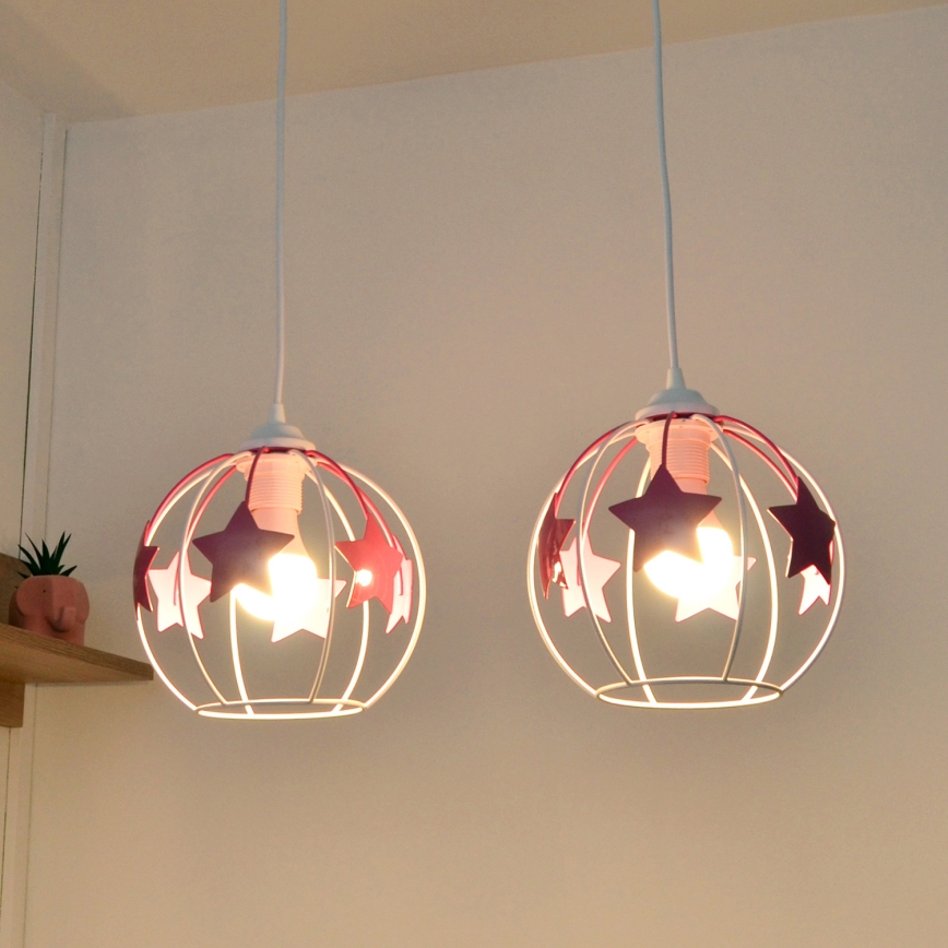 Bērnu lustra ar auklu STARS 2xE27/15W/230V rozā/balta