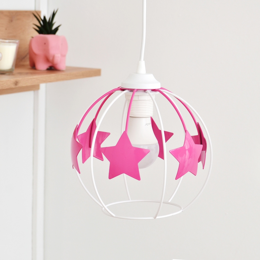 Bērnu lustra ar auklu STARS 2xE27/15W/230V rozā/balta