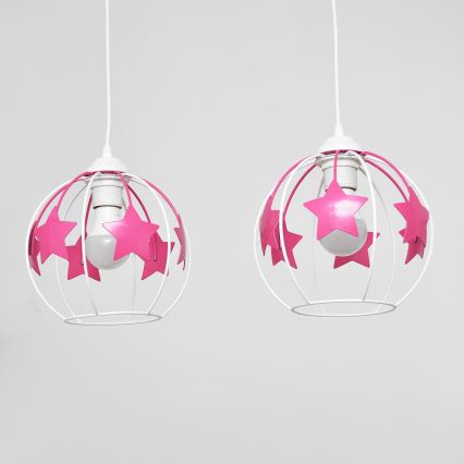 Bērnu lustra ar auklu STARS 2xE27/15W/230V rozā/balta