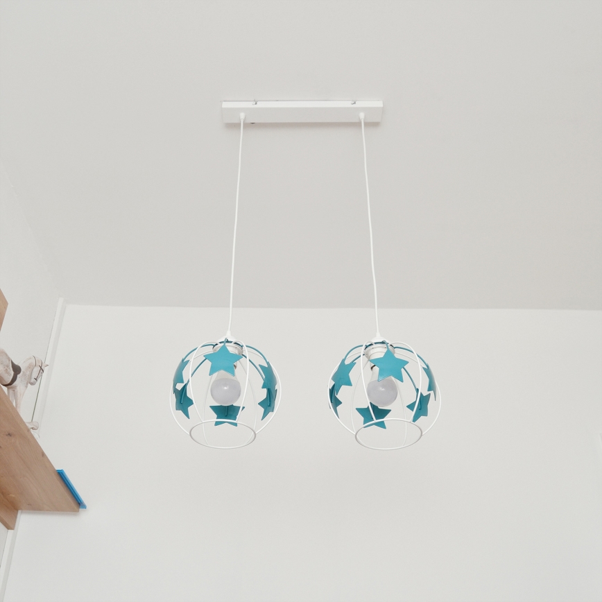 Bērnu lustra ar auklu STARS 2xE27/15W/230V tirkīza/balta