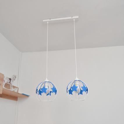 Bērnu lustra ar auklu STARS 2xE27/15W/230V zila/balta
