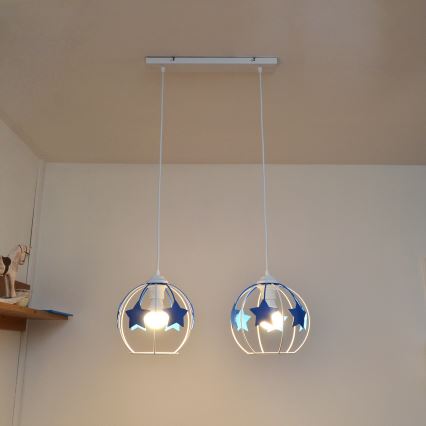 Bērnu lustra ar auklu STARS 2xE27/15W/230V zila/balta