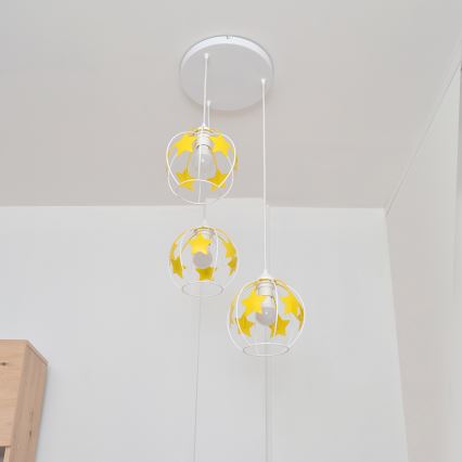 Bērnu lustra ar auklu STARS 3xE27/15W/230V dzeltena/balta