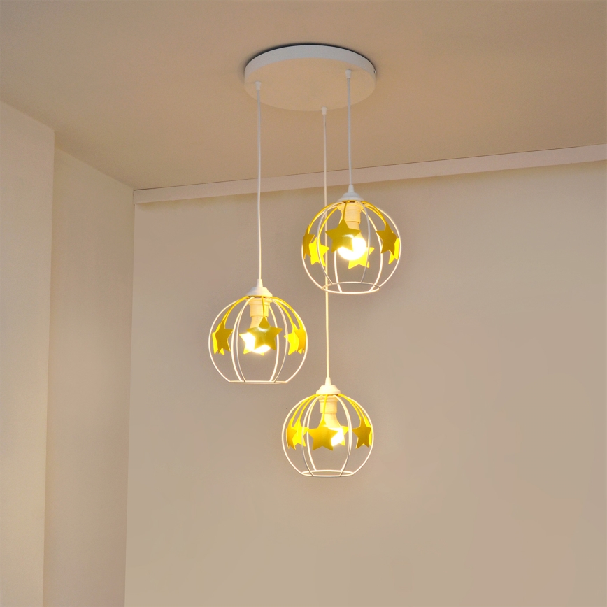 Bērnu lustra ar auklu STARS 3xE27/15W/230V dzeltena/balta