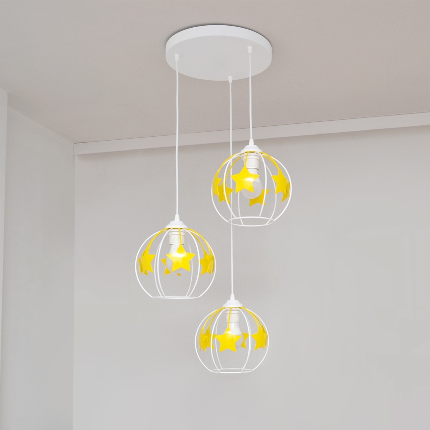 Bērnu lustra ar auklu STARS 3xE27/15W/230V dzeltena/balta