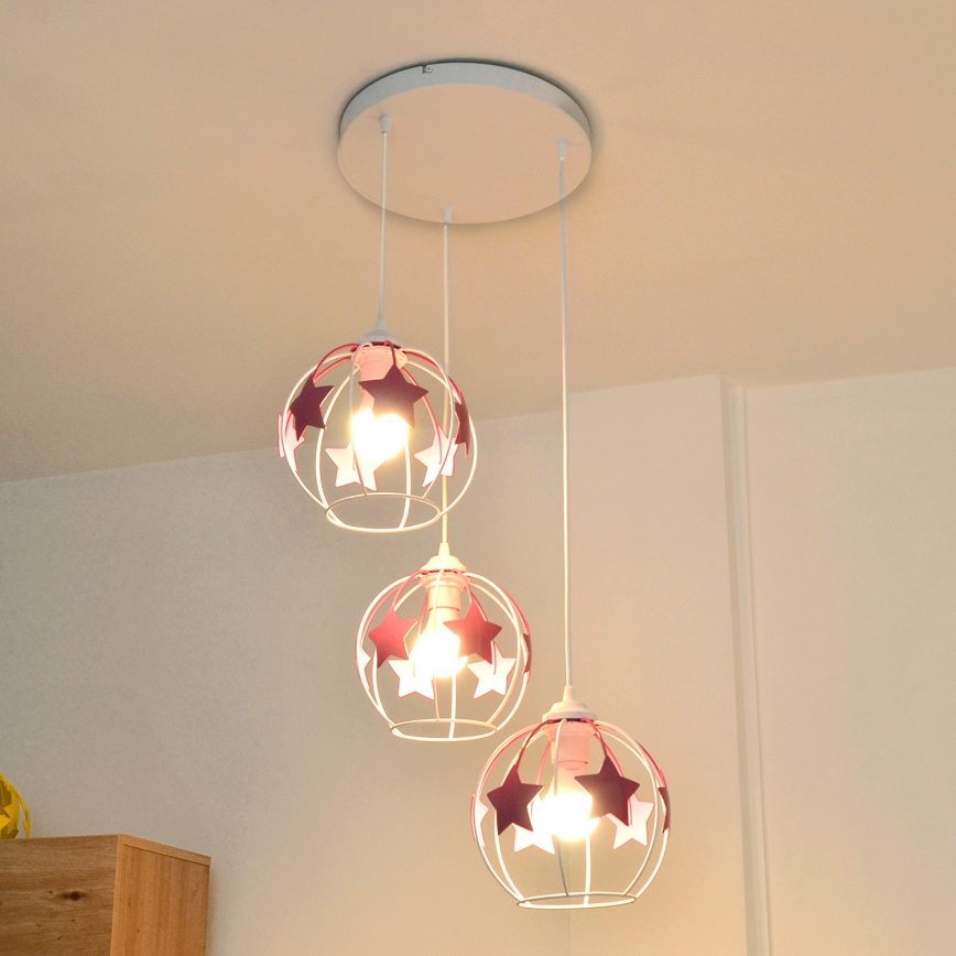Bērnu lustra ar auklu STARS 3xE27/15W/230V rozā/balta