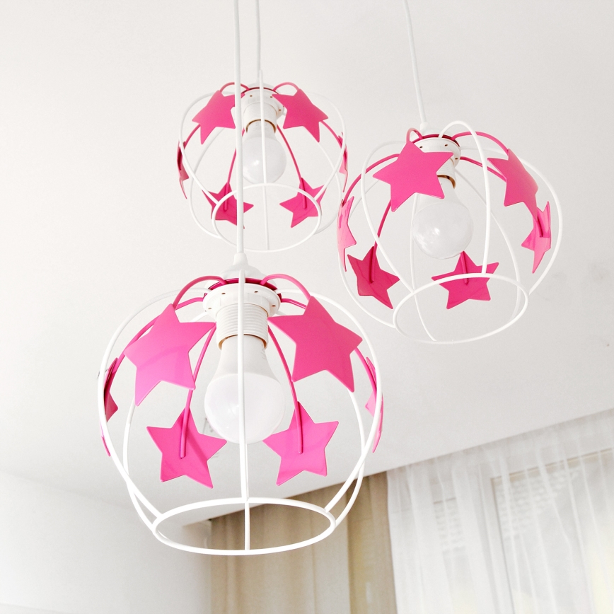 Bērnu lustra ar auklu STARS 3xE27/15W/230V rozā/balta