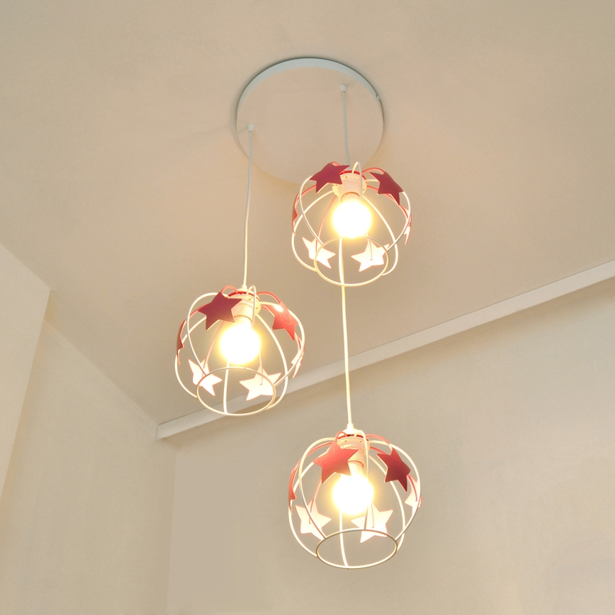 Bērnu lustra ar auklu STARS 3xE27/15W/230V rozā/balta