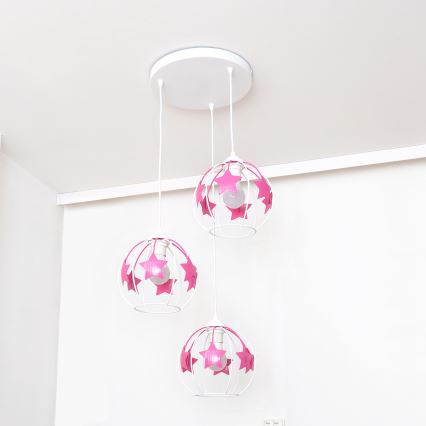 Bērnu lustra ar auklu STARS 3xE27/15W/230V rozā/balta
